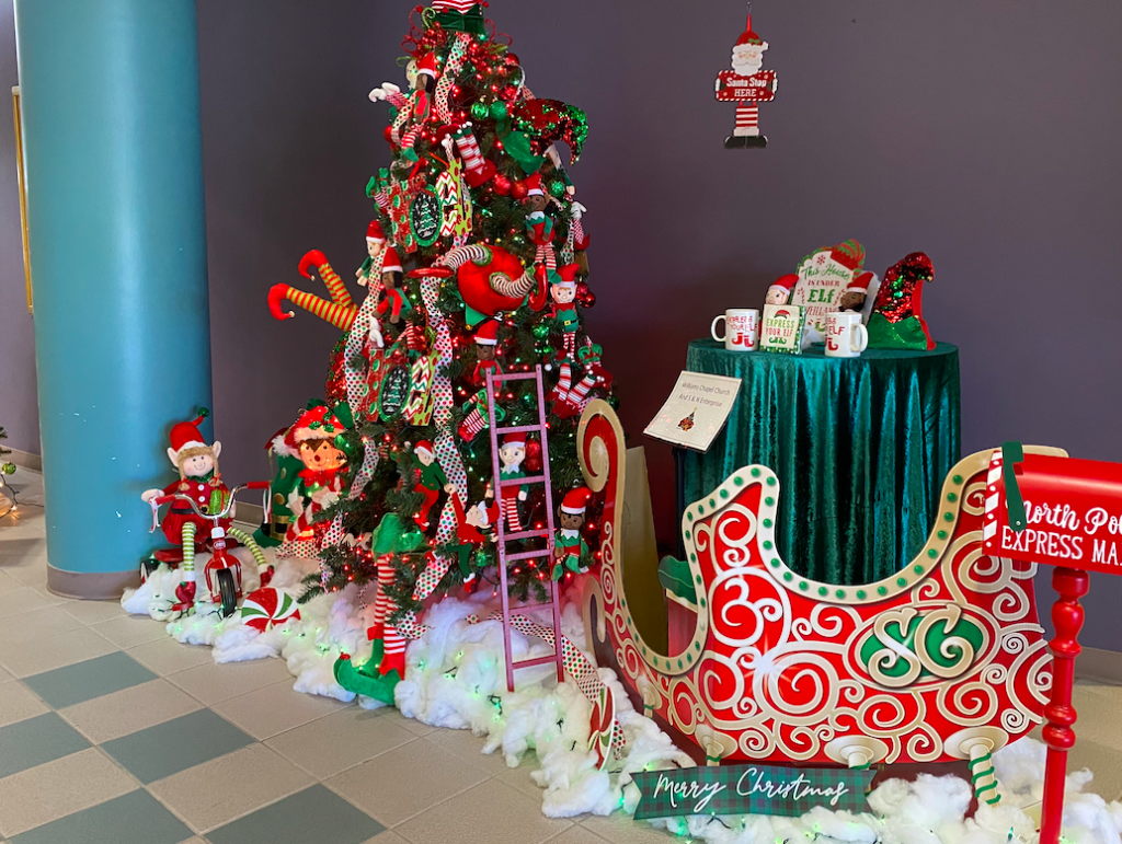 Christmas tree, sleigh and Santa's mailbox