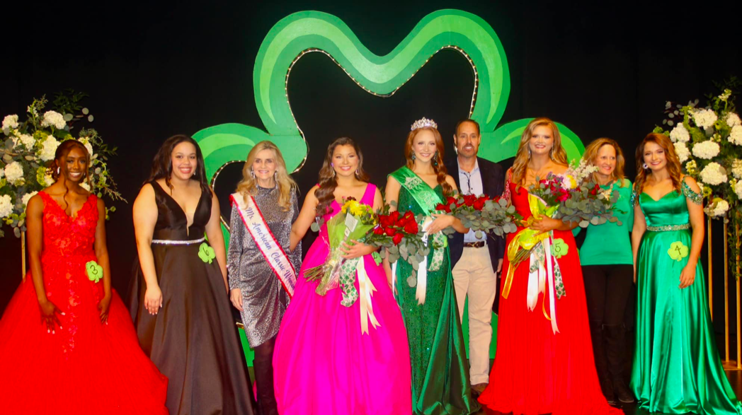 2023 Miss St. Patrick's Scholarship Pageant contests and winners stand across the stage